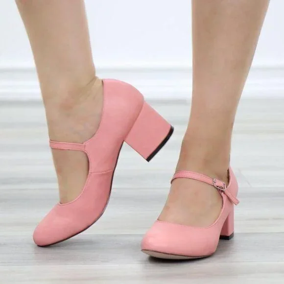 Peach Mary Jane Block Heel Rounded Toe Strap Buckle Retro Chic - Picture 7 of 10